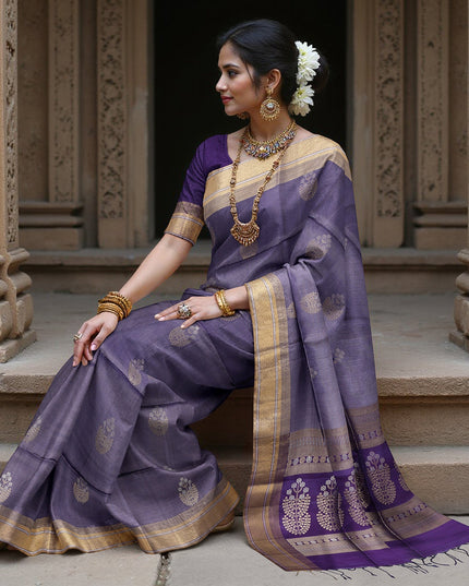 ساري بوتا زهري من الحرير الناعم بلون بنفسجي ذهبي مع حافة متباينة، بطول 5.5 متر مع قطعة بلوزة، من أصل هندي - D22682