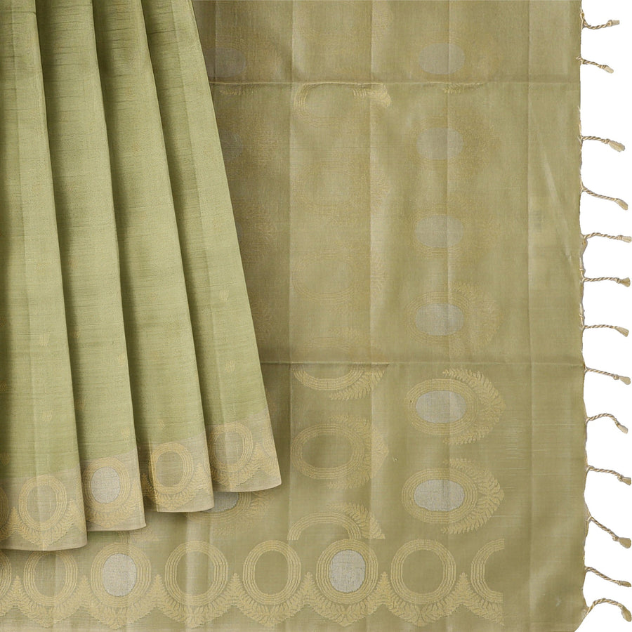 Pastel Green Soft Silk Saree with Zari Circle Border and Subtle Checkered Texture, 5.5 Meters with Blouse Piece, Originating from India-D22689