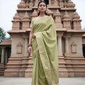Pastel Green Soft Silk Saree with Zari Circle Border and Subtle Checkered Texture, 5.5 Meters with Blouse Piece, Originating from India-D22689