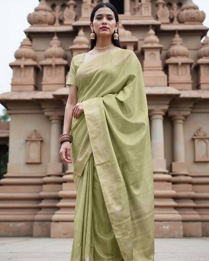 Pastel Green Soft Silk Saree with Zari Circle Border and Subtle Checkered Texture, 5.5 Meters with Blouse Piece, Originating from India-D22689