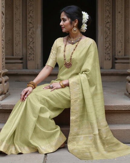 Pastel Green Soft Silk Saree with Zari Circle Border and Subtle Checkered Texture, 5.5 Meters with Blouse Piece, Originating from India-D22689