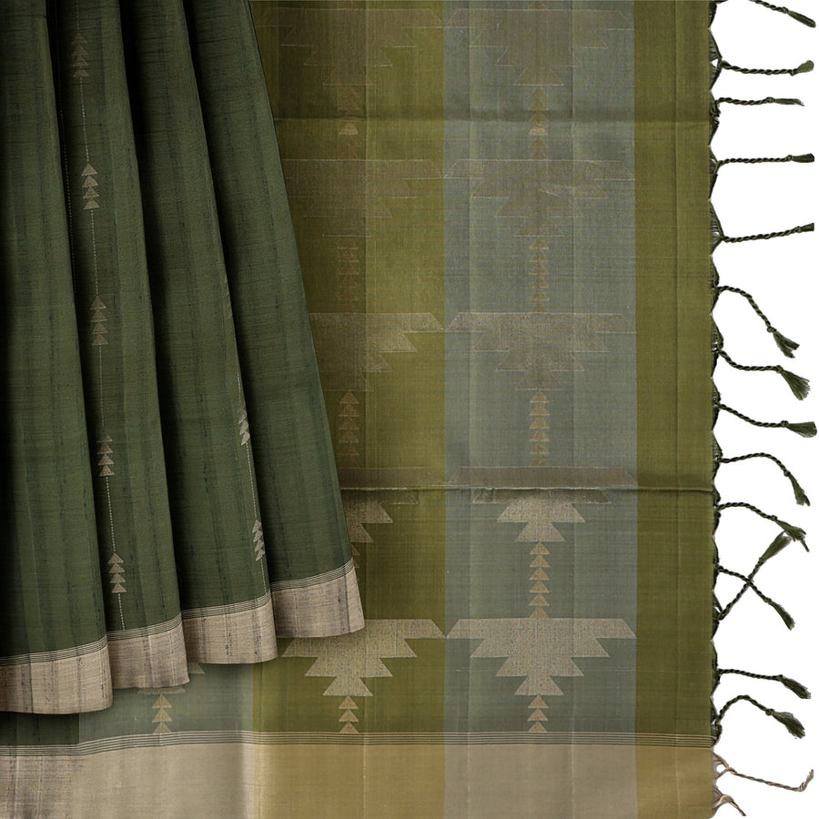 Olive Green Soft Silk Saree with Arrow Motifs and Dual-Toned Pallu Design, 5.5 Meters with Blouse Piece, Originating from India-D22690 Regal Fabrics