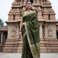 Olive Green Soft Silk Saree with Arrow Motifs and Dual-Toned Pallu Design, 5.5 Meters with Blouse Piece, Originating from India-D22690 - Regal Fabrics