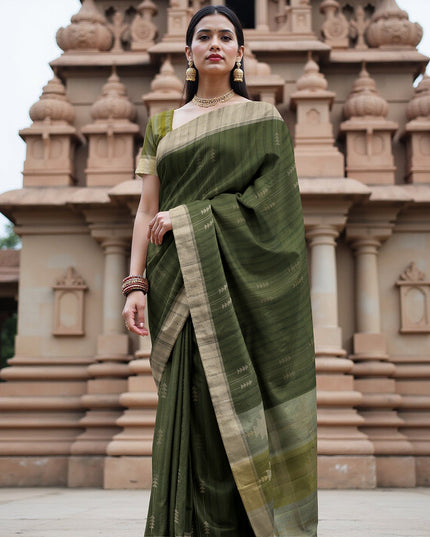 Olive Green Soft Silk Saree with Arrow Motifs and Dual-Toned Pallu Design, 5.5 Meters with Blouse Piece, Originating from India-D22690 - Regal Fabrics