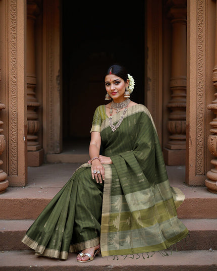 Olive Green Soft Silk Saree with Arrow Motifs and Dual-Toned Pallu Design, 5.5 Meters with Blouse Piece, Originating from India-D22690 - Regal Fabrics