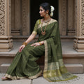 Olive Green Soft Silk Saree with Arrow Motifs and Dual-Toned Pallu Design, 5.5 Meters with Blouse Piece, Originating from India-D22690 - Regal Fabrics