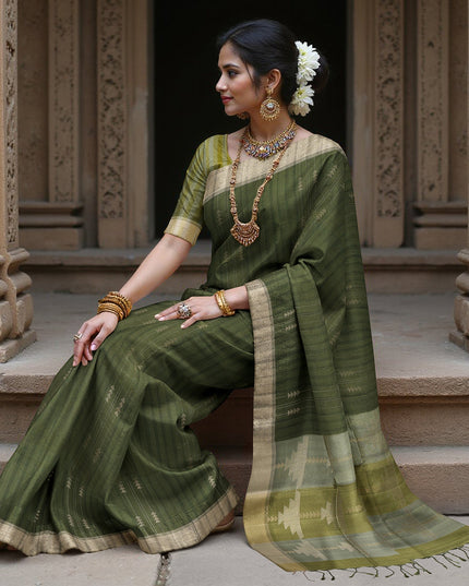 Olive Green Soft Silk Saree with Arrow Motifs and Dual-Toned Pallu Design, 5.5 Meters with Blouse Piece, Originating from India-D22690 - Regal Fabrics