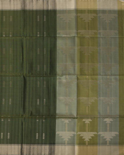 Olive Green Soft Silk Saree with Arrow Motifs and Dual-Toned Pallu Design, 5.5 Meters with Blouse Piece, Originating from India-D22690 - Regal Fabrics