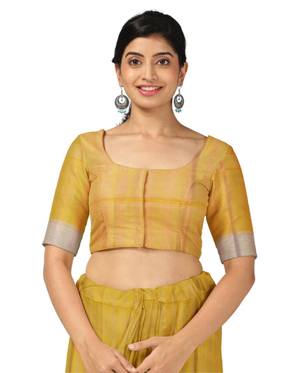 ساري حريري ناعم أصفر دوار الشمس بنسيج مخطط ولون بالو ثنائي اللون، 5.5 متر مع قطعة بلوزة، من أصل هندي - D22691