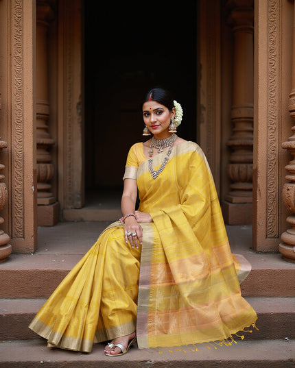 ساري حريري ناعم أصفر دوار الشمس بنسيج مخطط ولون بالو ثنائي اللون، 5.5 متر مع قطعة بلوزة، من أصل هندي - D22691