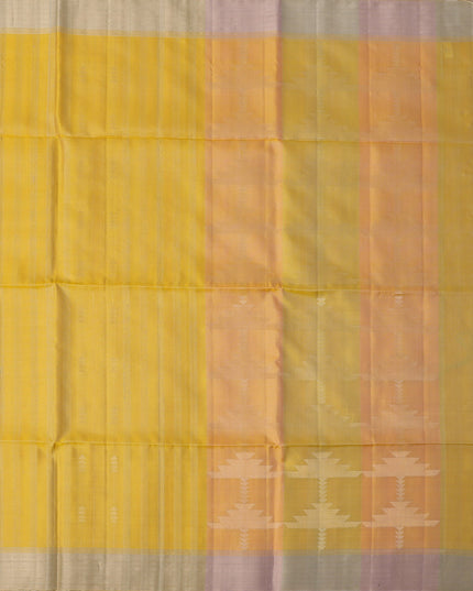 ساري حريري ناعم أصفر دوار الشمس بنسيج مخطط ولون بالو ثنائي اللون، 5.5 متر مع قطعة بلوزة، من أصل هندي - D22691