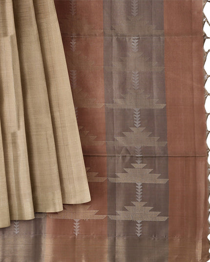 Champagne Beige Soft Silk Saree with Subtle Arrow Weaves and Rustic Pallu Contrast, 5.5 Meters with Blouse Piece, Originating from India-D22692