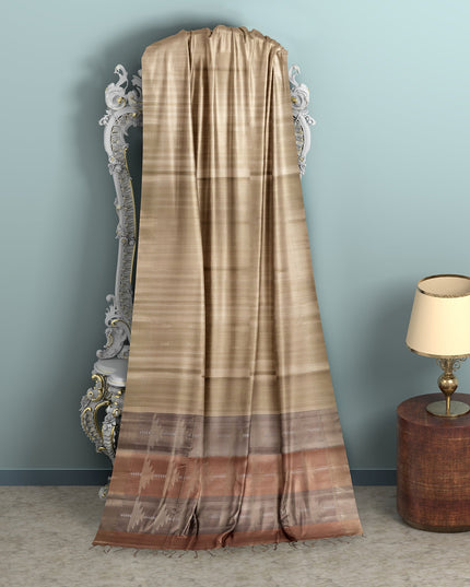 Champagne Beige Soft Silk Saree with Subtle Arrow Weaves and Rustic Pallu Contrast, 5.5 Meters with Blouse Piece, Originating from India-D22692