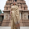Champagne Beige Soft Silk Saree with Subtle Arrow Weaves and Rustic Pallu Contrast, 5.5 Meters with Blouse Piece, Originating from India-D22692