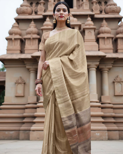Champagne Beige Soft Silk Saree with Subtle Arrow Weaves and Rustic Pallu Contrast, 5.5 Meters with Blouse Piece, Originating from India-D22692