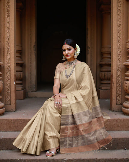 Champagne Beige Soft Silk Saree with Subtle Arrow Weaves and Rustic Pallu Contrast, 5.5 Meters with Blouse Piece, Originating from India-D22692