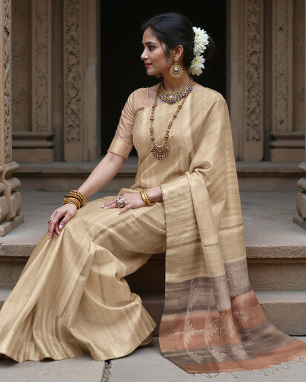 Champagne Beige Soft Silk Saree with Subtle Arrow Weaves and Rustic Pallu Contrast, 5.5 Meters with Blouse Piece, Originating from India-D22692