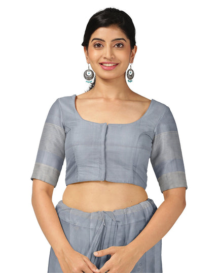 Steel Grey Soft Silk Saree with Subtle Silver Zari Weaving and Self-Checked Design, 5.5 Meters with Blouse Piece, Originating from India-D22693