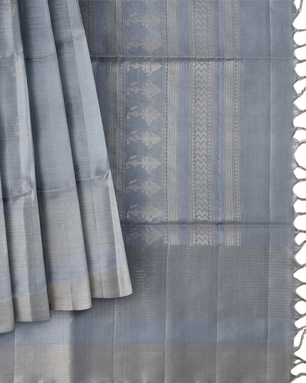Steel Grey Soft Silk Saree with Subtle Silver Zari Weaving and Self-Checked Design, 5.5 Meters with Blouse Piece, Originating from India-D22693