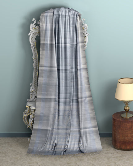 Steel Grey Soft Silk Saree with Subtle Silver Zari Weaving and Self-Checked Design, 5.5 Meters with Blouse Piece, Originating from India-D22693