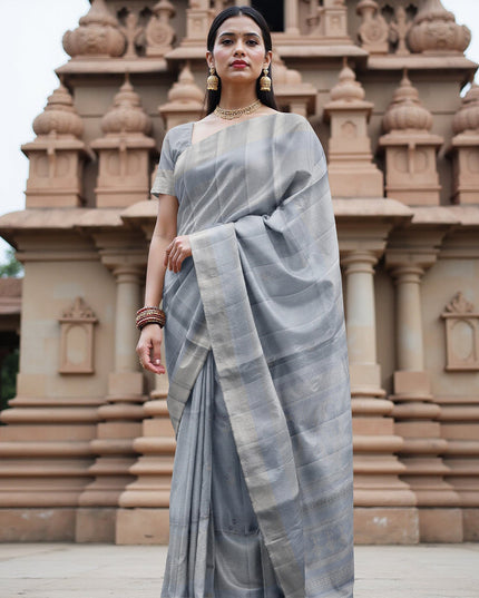 Steel Grey Soft Silk Saree with Subtle Silver Zari Weaving and Self-Checked Design, 5.5 Meters with Blouse Piece, Originating from India-D22693