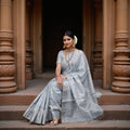Steel Grey Soft Silk Saree with Subtle Silver Zari Weaving and Self-Checked Design, 5.5 Meters with Blouse Piece, Originating from India-D22693