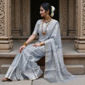 Steel Grey Soft Silk Saree with Subtle Silver Zari Weaving and Self-Checked Design, 5.5 Meters with Blouse Piece, Originating from India-D22693