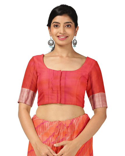 Orange and Pink Pure Silk Kanjeevaram Saree with Diagonal Handwoven Pattern and Contrast Border, 5.5 Meters with Blouse Piece, Originating from India-D22695 - Regal Fabrics