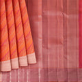 Orange and Pink Pure Silk Kanjeevaram Saree with Diagonal Handwoven Pattern and Contrast Border, 5.5 Meters with Blouse Piece, Originating from India-D22695 Regal Fabrics