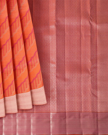 Orange and Pink Pure Silk Kanjeevaram Saree with Diagonal Handwoven Pattern and Contrast Border, 5.5 Meters with Blouse Piece, Originating from India-D22695 Regal Fabrics