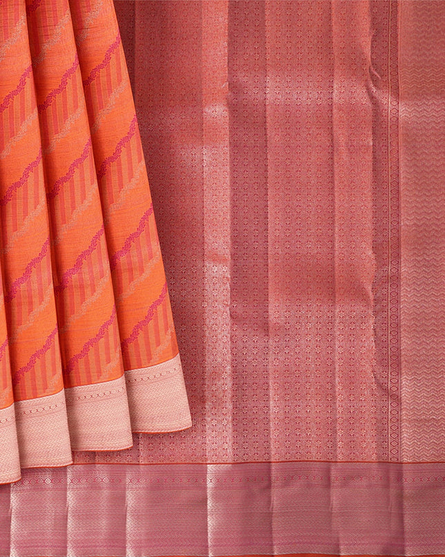 Orange and Pink Pure Silk Kanjeevaram Saree with Diagonal Handwoven Pattern and Contrast Border, 5.5 Meters with Blouse Piece, Originating from India-D22695 Regal Fabrics