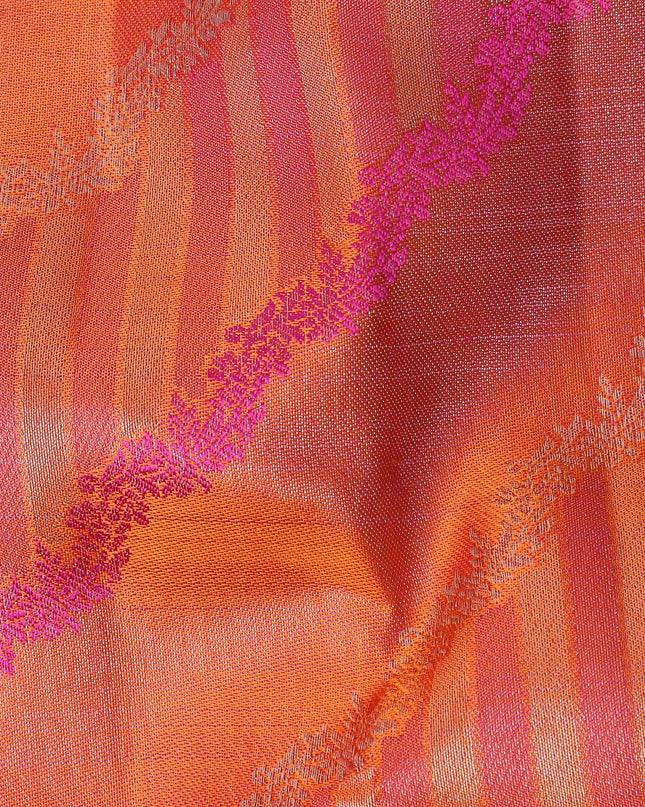 Orange and Pink Pure Silk Kanjeevaram Saree with Diagonal Handwoven Pattern and Contrast Border, 5.5 Meters with Blouse Piece, Originating from India-D22695 Regal Fabrics