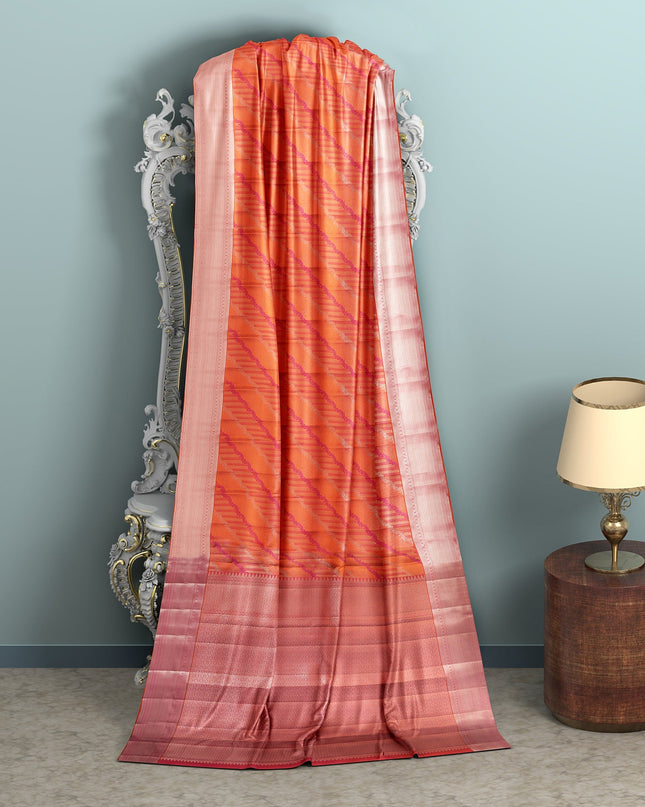 Orange and Pink Pure Silk Kanjeevaram Saree with Diagonal Handwoven Pattern and Contrast Border, 5.5 Meters with Blouse Piece, Originating from India-D22695 - Regal Fabrics