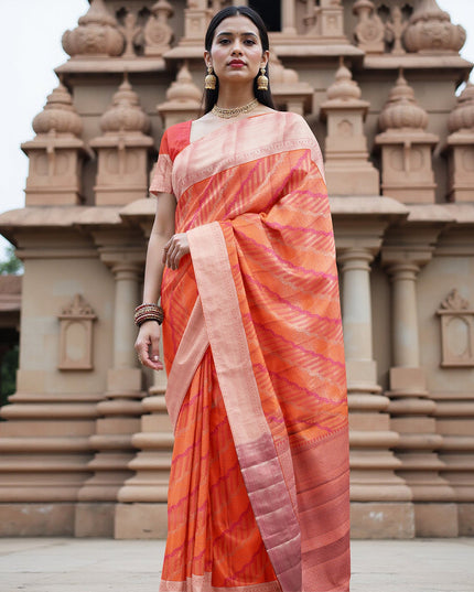 Orange and Pink Pure Silk Kanjeevaram Saree with Diagonal Handwoven Pattern and Contrast Border, 5.5 Meters with Blouse Piece, Originating from India-D22695 Regal Fabrics