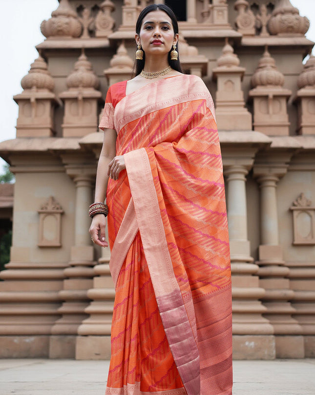 Orange and Pink Pure Silk Kanjeevaram Saree with Diagonal Handwoven Pattern and Contrast Border, 5.5 Meters with Blouse Piece, Originating from India-D22695 Regal Fabrics