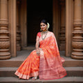 Orange and Pink Pure Silk Kanjeevaram Saree with Diagonal Handwoven Pattern and Contrast Border, 5.5 Meters with Blouse Piece, Originating from India-D22695 - Regal Fabrics