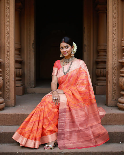 Orange and Pink Pure Silk Kanjeevaram Saree with Diagonal Handwoven Pattern and Contrast Border, 5.5 Meters with Blouse Piece, Originating from India-D22695 - Regal Fabrics