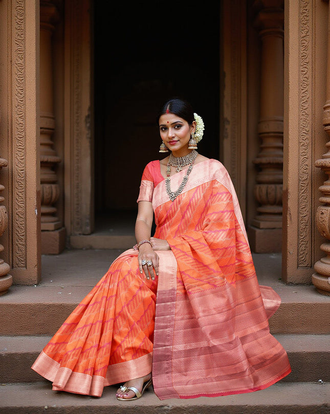 Orange and Pink Pure Silk Kanjeevaram Saree with Diagonal Handwoven Pattern and Contrast Border, 5.5 Meters with Blouse Piece, Originating from India-D22695 - Regal Fabrics