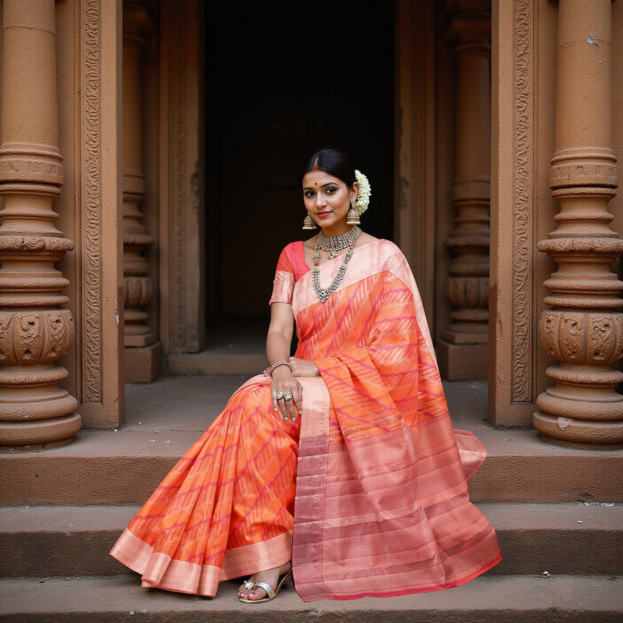 Orange and Pink Pure Silk Kanjeevaram Saree with Diagonal Handwoven Pattern and Contrast Border, 5.5 Meters with Blouse Piece, Originating from India-D22695 - Regal Fabrics
