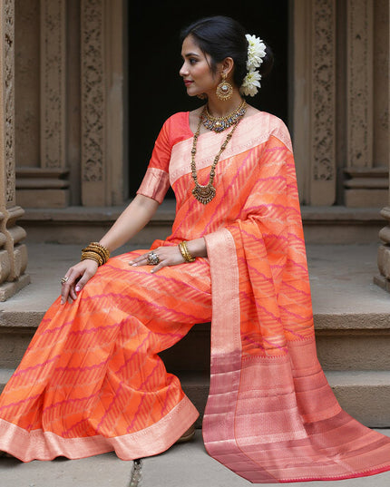 Orange and Pink Pure Silk Kanjeevaram Saree with Diagonal Handwoven Pattern and Contrast Border, 5.5 Meters with Blouse Piece, Originating from India-D22695 - Regal Fabrics