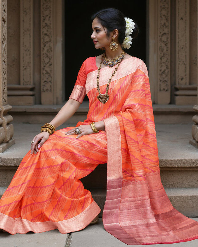 Orange and Pink Pure Silk Kanjeevaram Saree with Diagonal Handwoven Pattern and Contrast Border, 5.5 Meters with Blouse Piece, Originating from India-D22695 - Regal Fabrics