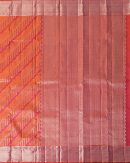 Orange and Pink Pure Silk Kanjeevaram Saree with Diagonal Handwoven Pattern and Contrast Border, 5.5 Meters with Blouse Piece, Originating from India-D22695 - Regal Fabrics
