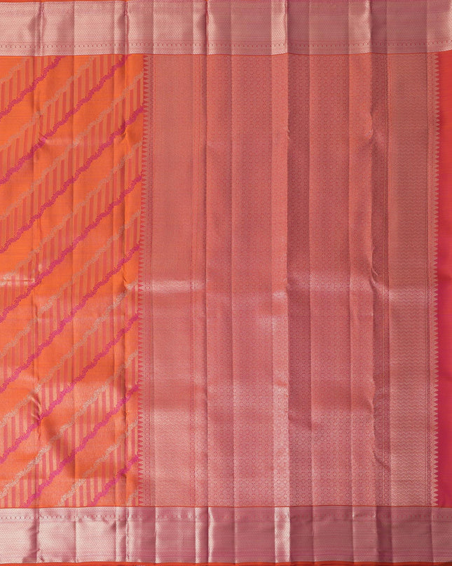 Orange and Pink Pure Silk Kanjeevaram Saree with Diagonal Handwoven Pattern and Contrast Border, 5.5 Meters with Blouse Piece, Originating from India-D22695 - Regal Fabrics