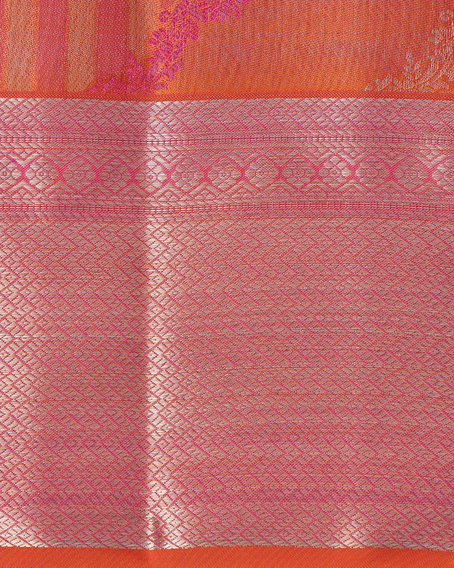 Orange and Pink Pure Silk Kanjeevaram Saree with Diagonal Handwoven Pattern and Contrast Border, 5.5 Meters with Blouse Piece, Originating from India-D22695 Regal Fabrics