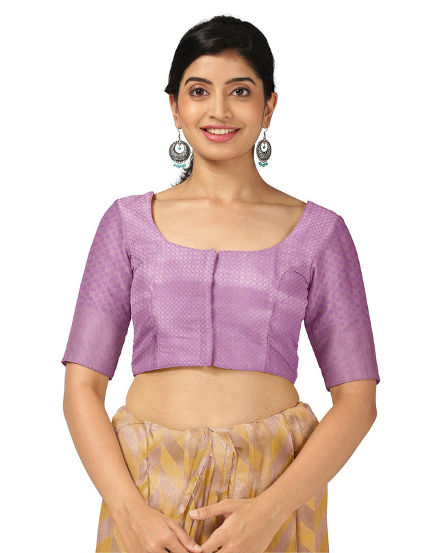 ساري كانجيفارام من الحرير الخالص بلون الخزامى والخردل بتصميم هندسي منسوج يدويًا ونقشة بالو متباينة، بطول 5.5 متر مع قطعة بلوزة، من أصل هندي - D22696