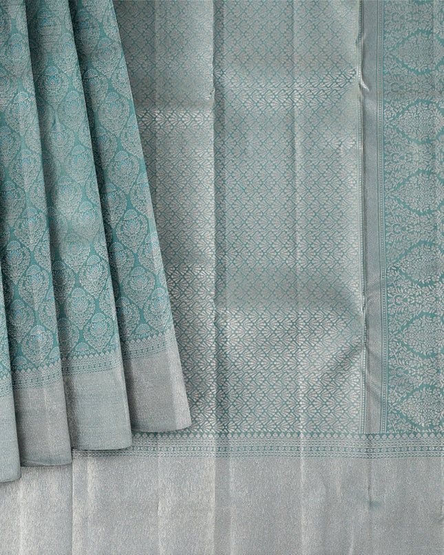 Silver and Teal Pure Silk Kanjeevaram Saree with Intricate Handwoven Motifs and Subtle Striped Weave, 5.5 Meters with Blouse Piece, Originating from India-D22697 - Regal Fabrics