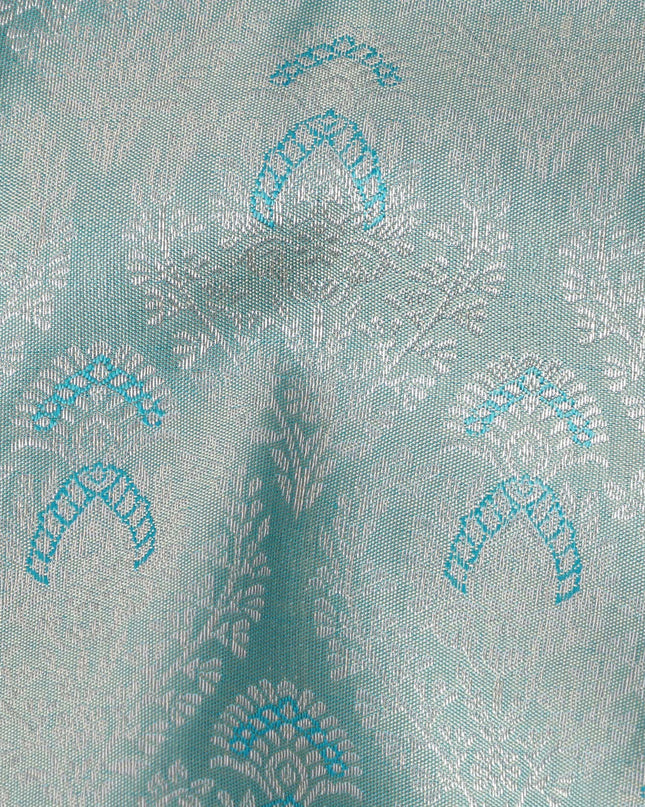 Silver and Teal Pure Silk Kanjeevaram Saree with Intricate Handwoven Motifs and Subtle Striped Weave, 5.5 Meters with Blouse Piece, Originating from India-D22697 - Regal Fabrics