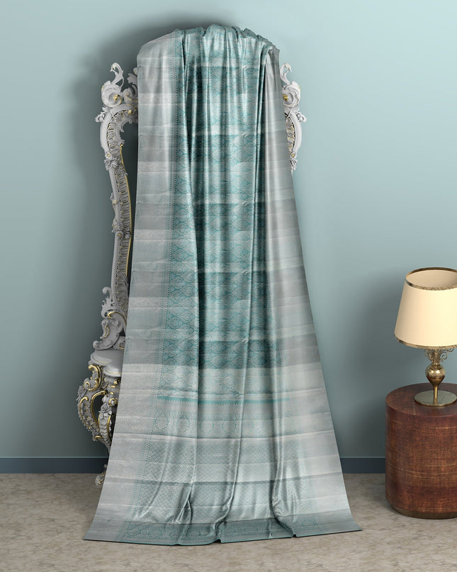 Silver and Teal Pure Silk Kanjeevaram Saree with Intricate Handwoven Motifs and Subtle Striped Weave, 5.5 Meters with Blouse Piece, Originating from India-D22697 - Regal Fabrics