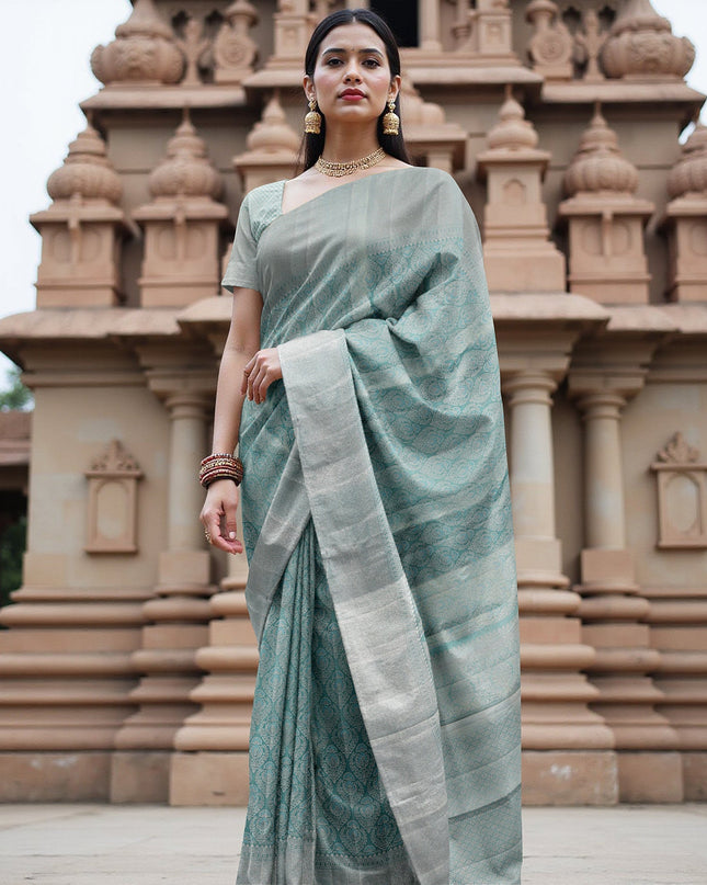 Silver and Teal Pure Silk Kanjeevaram Saree with Intricate Handwoven Motifs and Subtle Striped Weave, 5.5 Meters with Blouse Piece, Originating from India-D22697 - Regal Fabrics