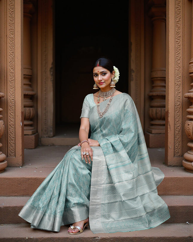 Silver and Teal Pure Silk Kanjeevaram Saree with Intricate Handwoven Motifs and Subtle Striped Weave, 5.5 Meters with Blouse Piece, Originating from India-D22697 - Regal Fabrics